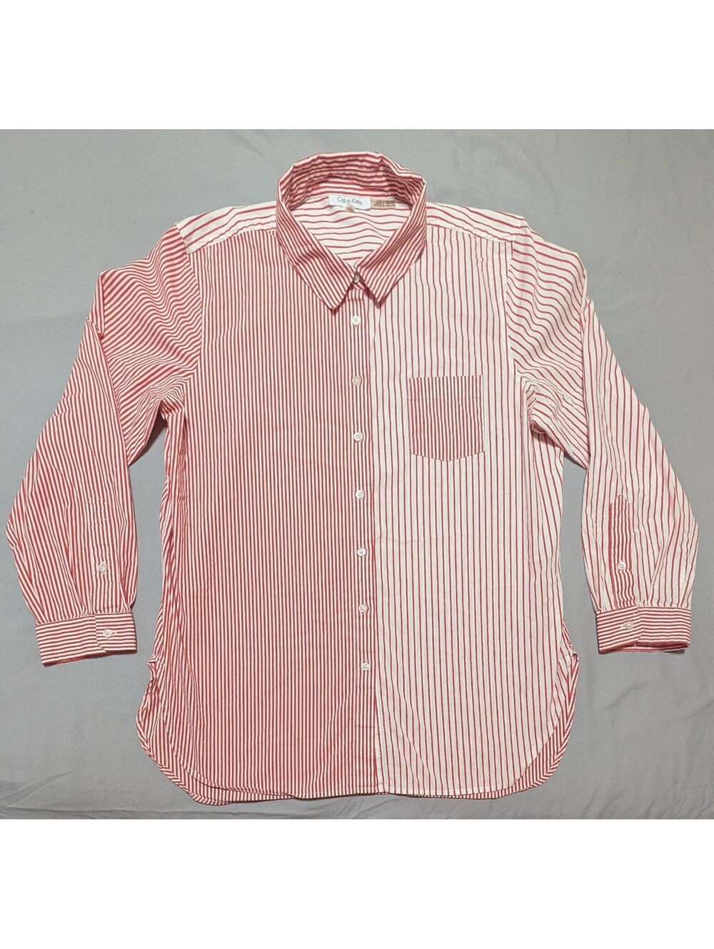 Calvin Klein Stripe Shirt XL Red White Long Sleeve Roll Tab Split